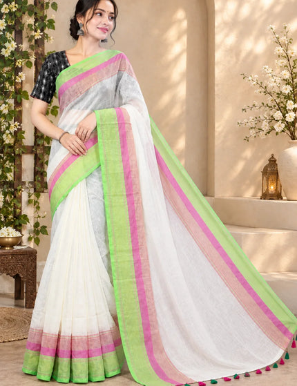 White Mulmul Cotton Saree , Green & Pink Border – KalamKantha