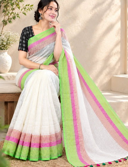 White Mulmul Cotton Saree , Green & Pink Border – KalamKantha
