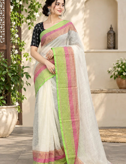 White Mulmul Cotton Saree , Green & Pink Border – KalamKantha