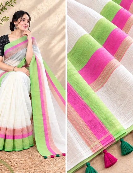 White Mulmul Cotton Saree , Green & Pink Border – KalamKantha