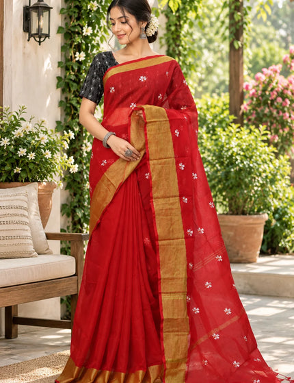 Coral Red Jasmin Cotton Saree , Golden Border – KalamKantha