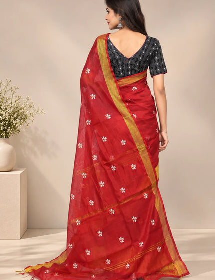 Coral Red Jasmin Cotton Saree , Golden Border – KalamKantha