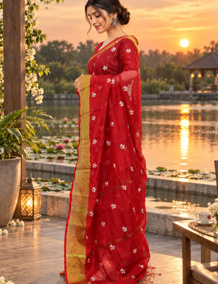 Coral Red Jasmin Cotton Saree , Golden Border – KalamKantha