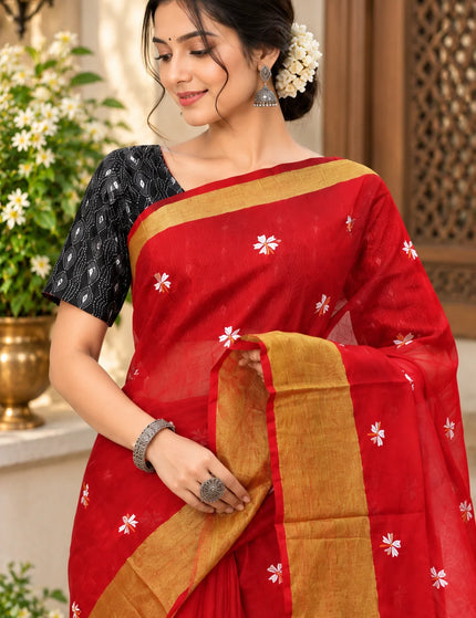Coral Red Jasmin Cotton Saree , Golden Border – KalamKantha
