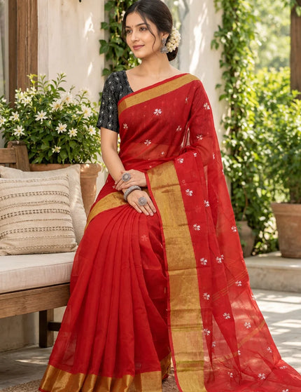 Coral Red Jasmin Cotton Saree , Golden Border – KalamKantha