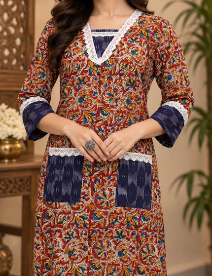 Durga Puja Rust Floral Pure Cotton Designer Pocket Kurti – KalamKantha