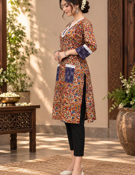 Durga Puja Rust Floral Pure Cotton Designer Pocket Kurti – KalamKantha
