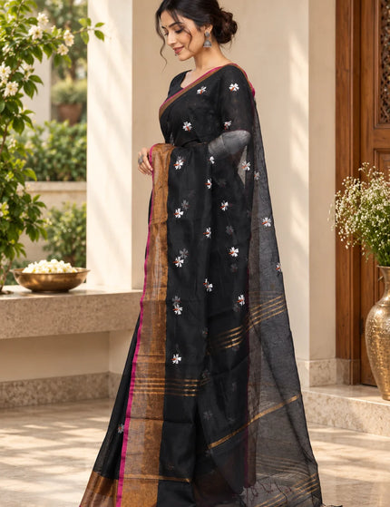 Black Jasmin Handloom Cotton Saree – KalamKantha