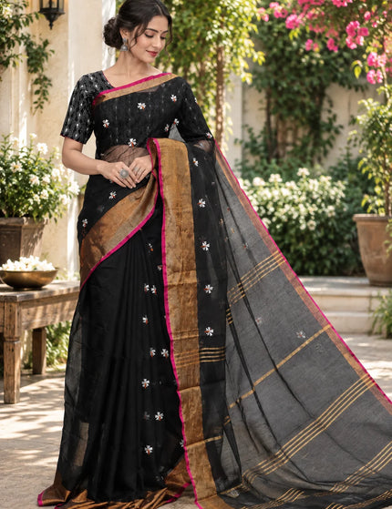 Black Jasmin Handloom Cotton Saree – KalamKantha