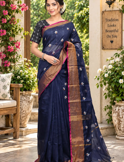 Navy Blue Jasmin Handloom Cotton Saree – KalamKantha
