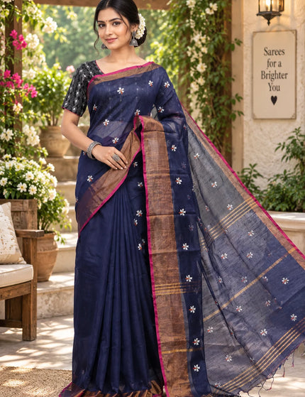 Navy Blue Jasmin Handloom Cotton Saree – KalamKantha