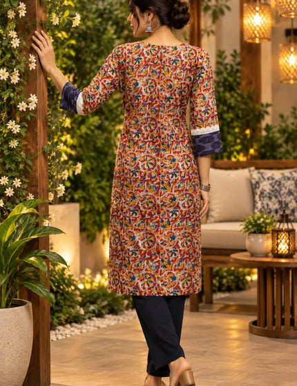 Durga Puja Rust Floral Pure Cotton Designer Pocket Kurti – KalamKantha