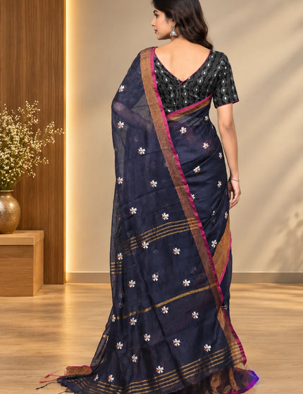 Navy Blue Jasmin Handloom Cotton Saree – KalamKantha