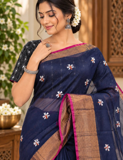 Navy Blue Jasmin Handloom Cotton Saree – KalamKantha