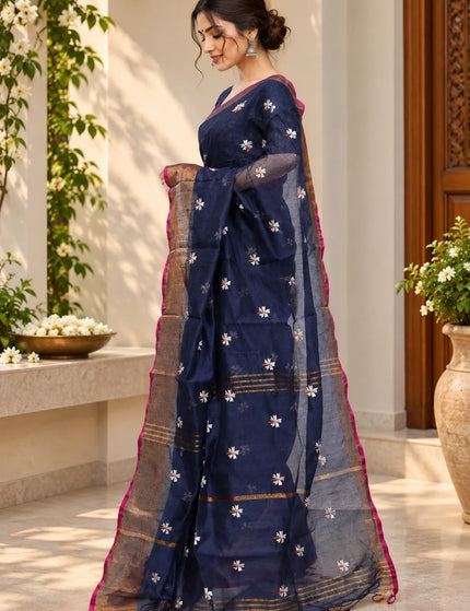 Navy Blue Jasmin Handloom Cotton Saree – KalamKantha