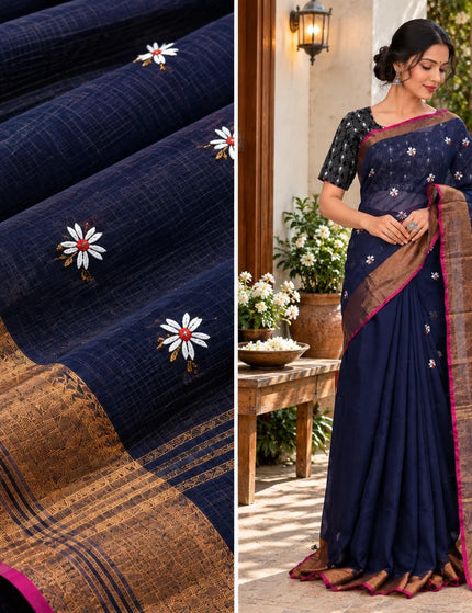 Navy Blue Jasmin Handloom Cotton Saree – KalamKantha