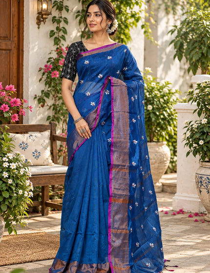Royal Blue Jasmin Handloom Cotton Saree – KalamKantha