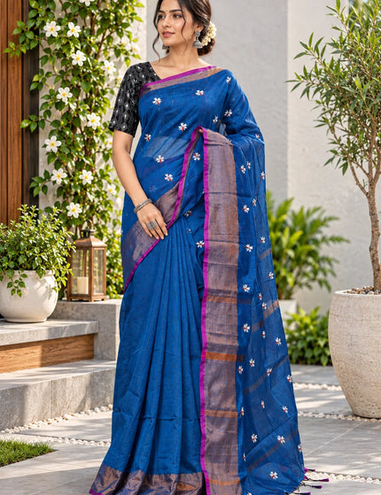 Royal Blue Jasmin Handloom Cotton Saree – KalamKantha
