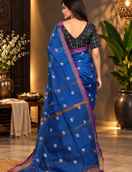 Royal Blue Jasmin Handloom Cotton Saree – KalamKantha