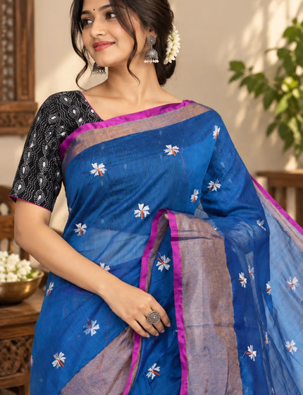 Royal Blue Jasmin Handloom Cotton Saree – KalamKantha