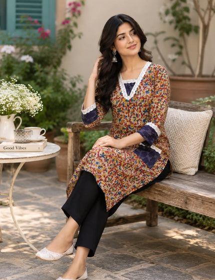 Durga Puja Rust Floral Pure Cotton Designer Pocket Kurti – KalamKantha
