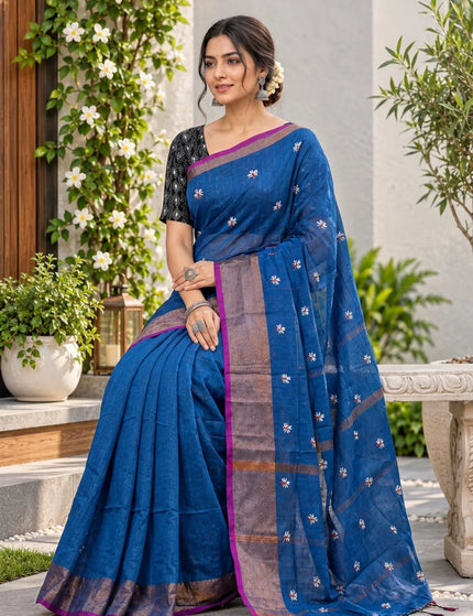 Royal Blue Jasmin Handloom Cotton Saree – KalamKantha