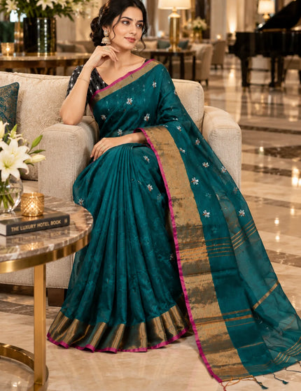Teal Coral Jasmin Handloom Saree – KalamKantha