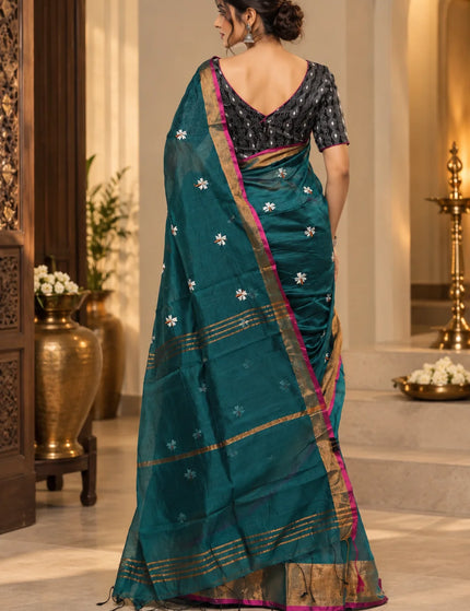 Teal Coral Jasmin Handloom Saree – KalamKantha