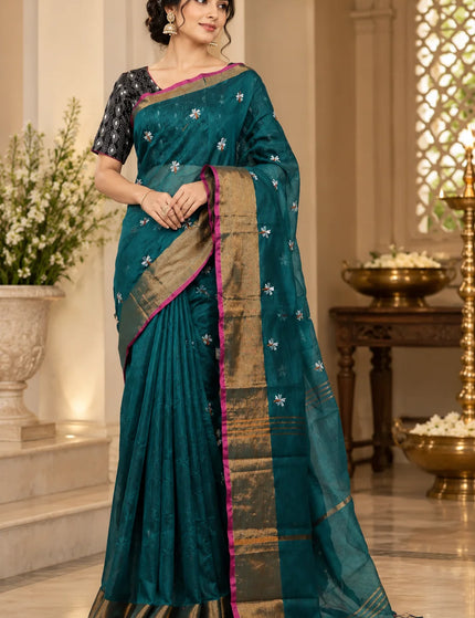 Teal Coral Jasmin Handloom Saree – KalamKantha