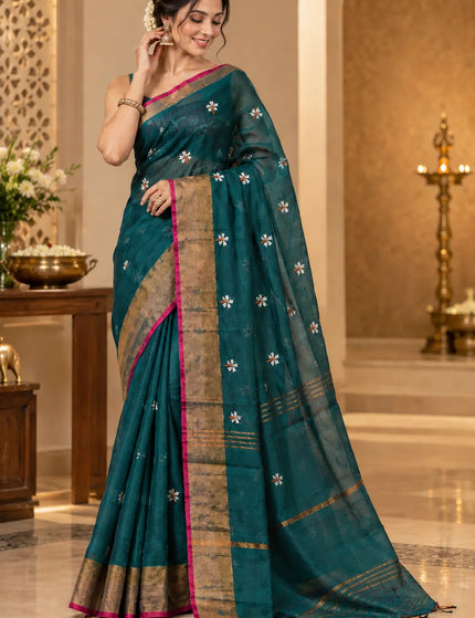 Teal Coral Jasmin Handloom Saree – KalamKantha