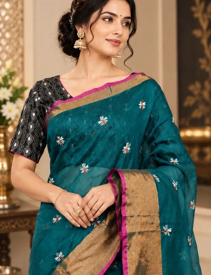 Teal Coral Jasmin Handloom Saree – KalamKantha