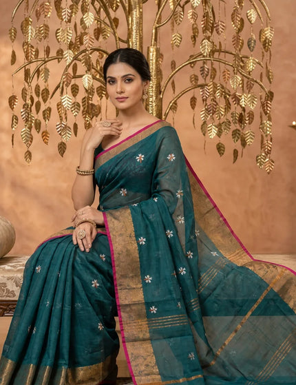 Teal Coral Jasmin Handloom Saree – KalamKantha