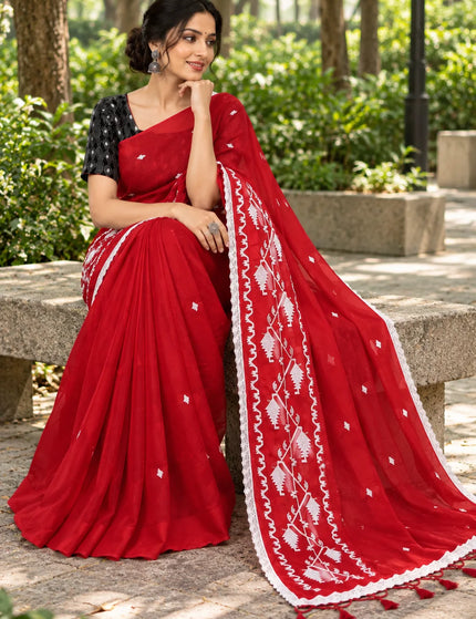 Khadi Jamdani Embroidery Cotton Saree , Red – KalamKantha