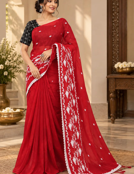 Khadi Jamdani Embroidery Cotton Saree , Red – KalamKantha