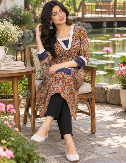 Durga Puja Rust Floral Pure Cotton Designer Pocket Kurti – KalamKantha