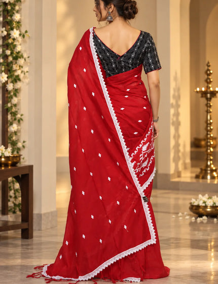 Khadi Jamdani Embroidery Cotton Saree , Red – KalamKantha