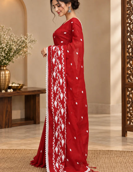 Khadi Jamdani Embroidery Cotton Saree , Red – KalamKantha