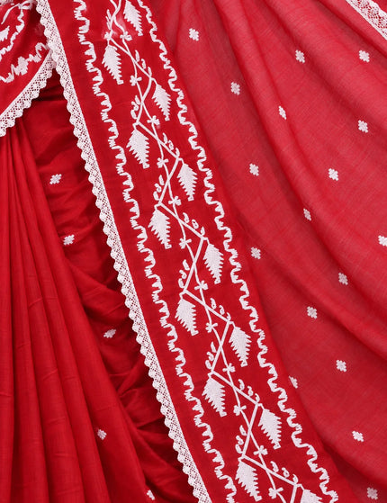 Khadi Jamdani Embroidery Cotton Saree , Red – KalamKantha