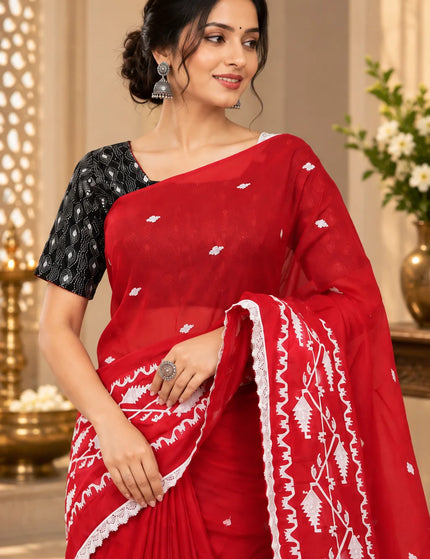 Khadi Jamdani Embroidery Cotton Saree , Red – KalamKantha