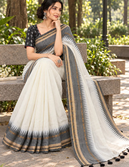 White Mull Cotton Saree , Grey Border – KalamKantha