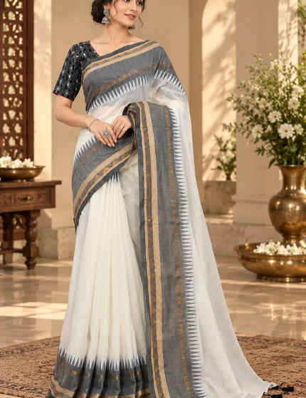 White Mull Cotton Saree , Grey Border – KalamKantha