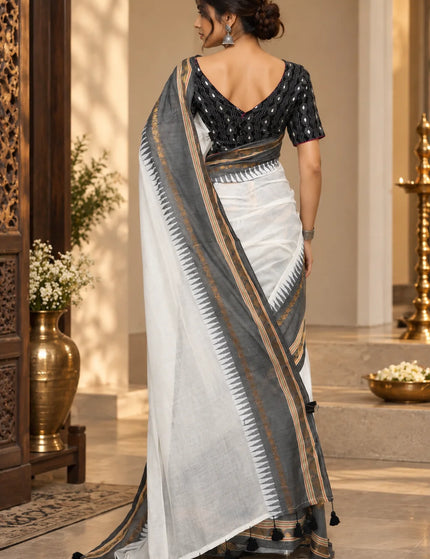 White Mull Cotton Saree , Grey Border – KalamKantha