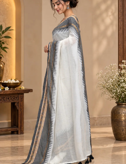 White Mull Cotton Saree , Grey Border – KalamKantha