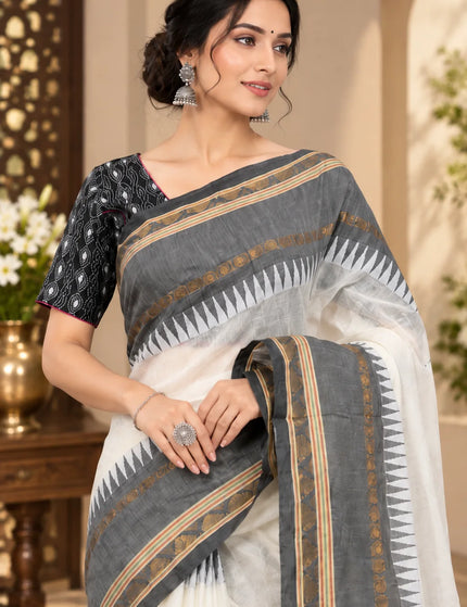 White Mull Cotton Saree , Grey Border – KalamKantha