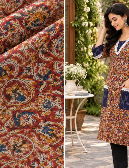 Durga Puja Rust Floral Pure Cotton Designer Pocket Kurti – KalamKantha
