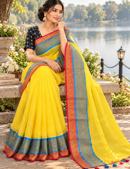 Yellow 3D Mull Cotton Saree , Contrast Border – KalamKantha