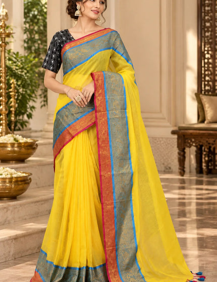 Yellow 3D Mull Cotton Saree , Contrast Border – KalamKantha