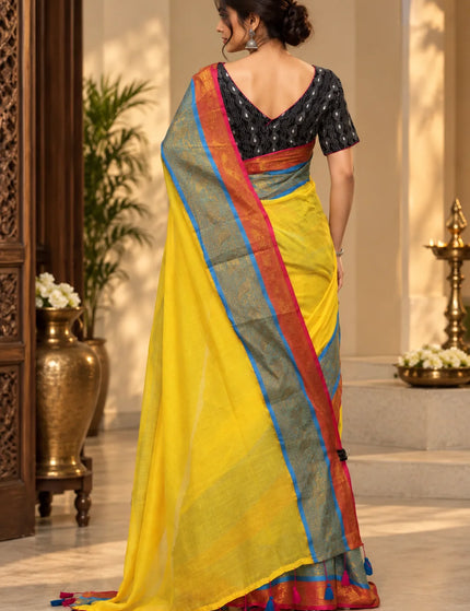 Yellow 3D Mull Cotton Saree , Contrast Border – KalamKantha