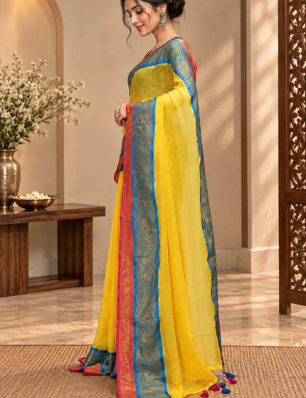 Yellow 3D Mull Cotton Saree , Contrast Border – KalamKantha