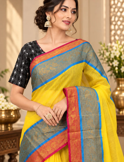 Yellow 3D Mull Cotton Saree , Contrast Border – KalamKantha